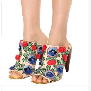 Tory Burch Eliss Embroided Open Toe Leather Mule
